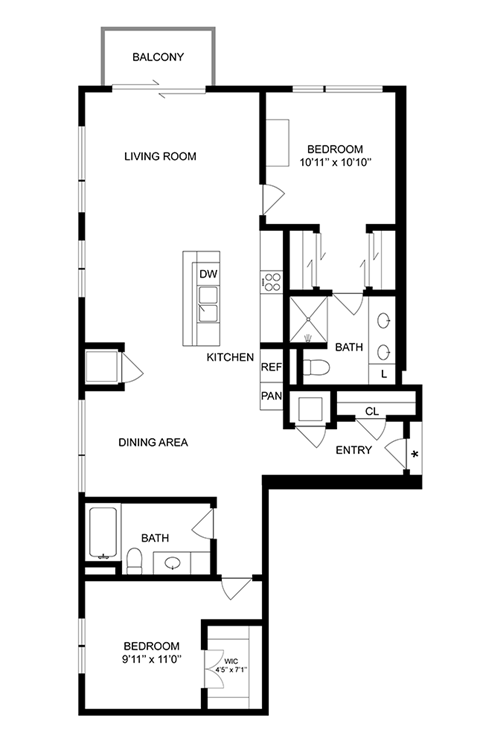 Floor plan for 2 beds, 2 baths, 1273 sqft